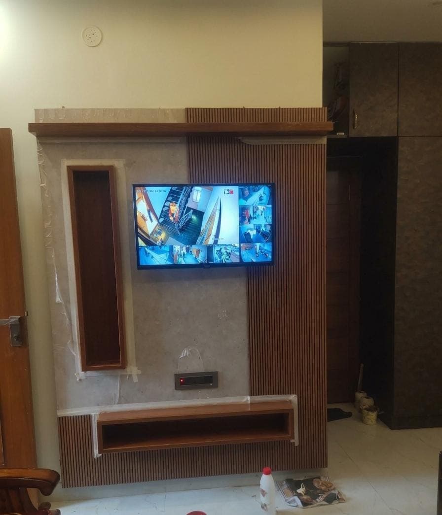 Fluted Wood TV Unit with Marble Backpanel